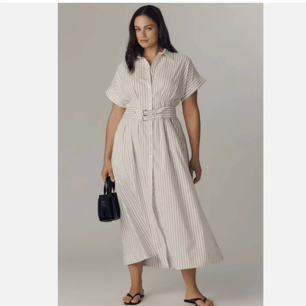 Anthropologie The Tobie Double Buckle Shirt Dress by Exquise Pinstripe M NWT - Picture 7 of 8
